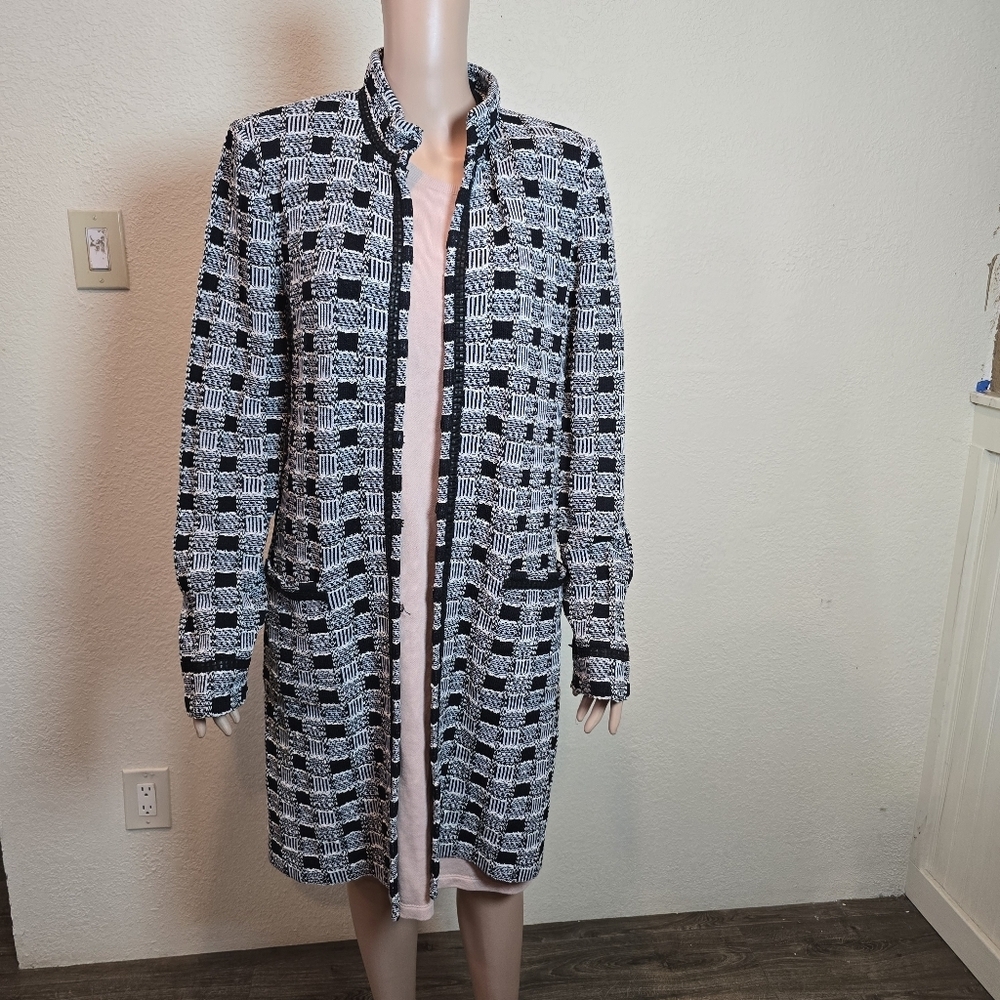St. John Collection Tweed Black/White Long Jacket Women's 14 Checkered Coat - Picture 2 of 16